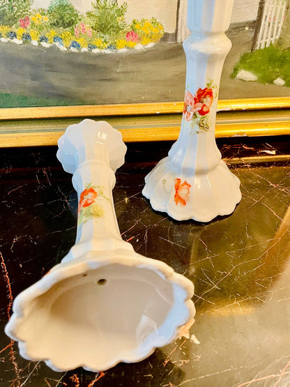 Pair of Vintage Porcelain Floral Candlestick Holders – Hand Painted White & Red Rose Design