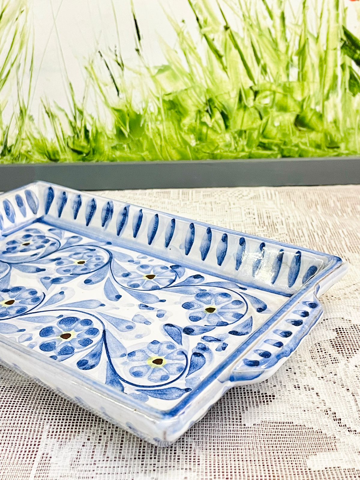 Hand Painted Blue Floral Rectangular Ceramic Serving Tray