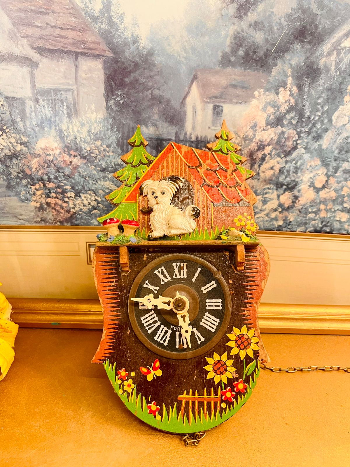 Vintage Wooden Chalet Wall Clock with Dog Cottage Design