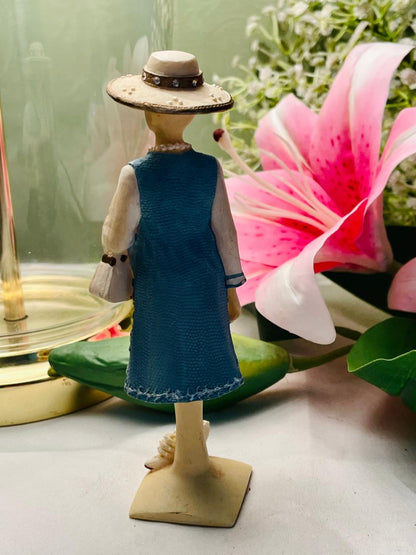Vintage Lady Figurine in Blue Floral Dress & Wide-Brim Hat – Approx. 14 cm