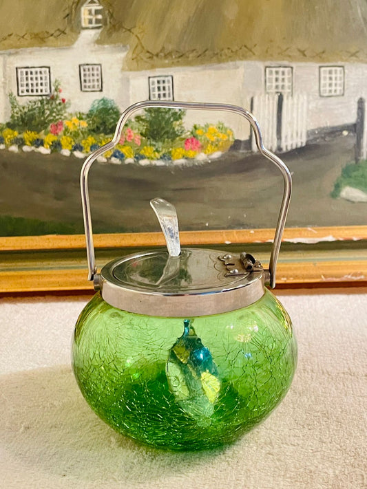 Antique Green Glass Sugar Bowl with Silver Spoon & Handle – Vintage Sugar Vessel for Tea Table