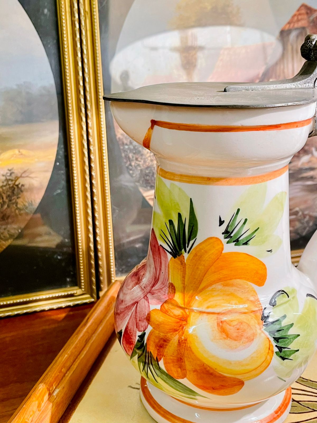 Vintage Hand-Painted Ceramic Jug with Pewter Lid – Floral Design