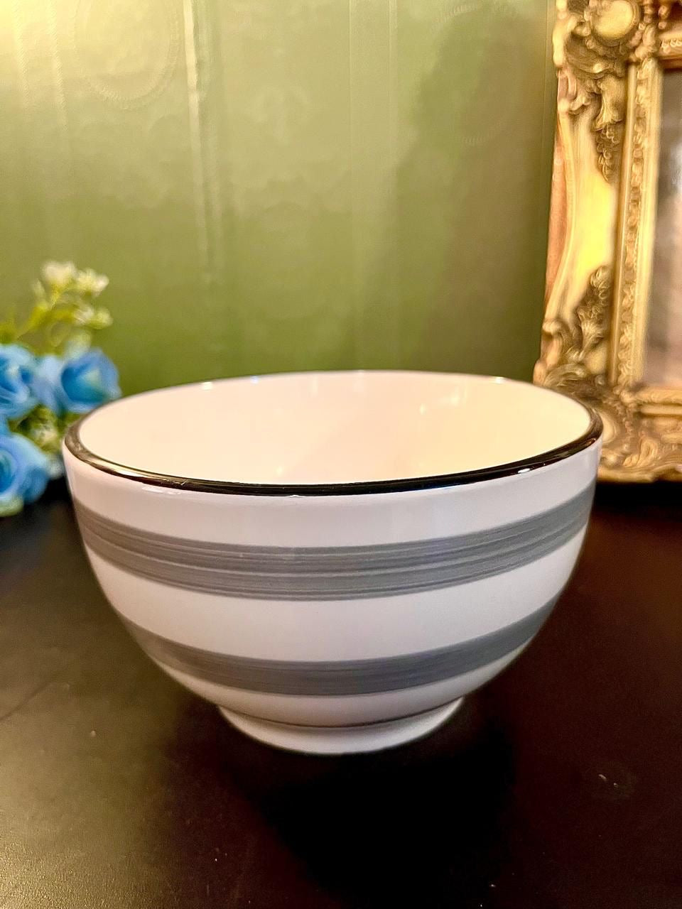 Vintage Grey Stripe Ceramic Serving Bowl 5 Inch