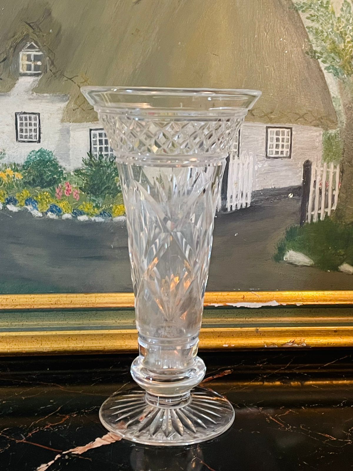 Vintage Cut Crystal Trumpet Vase – Star & Cross Lattice Design – Pedestal Base