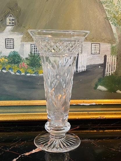 Vintage Cut Crystal Trumpet Vase – Star & Cross Lattice Design – Pedestal Base