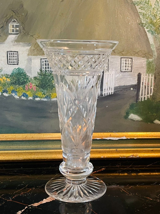 Vintage Cut Crystal Trumpet Vase – Star & Cross Lattice Design – Pedestal Base