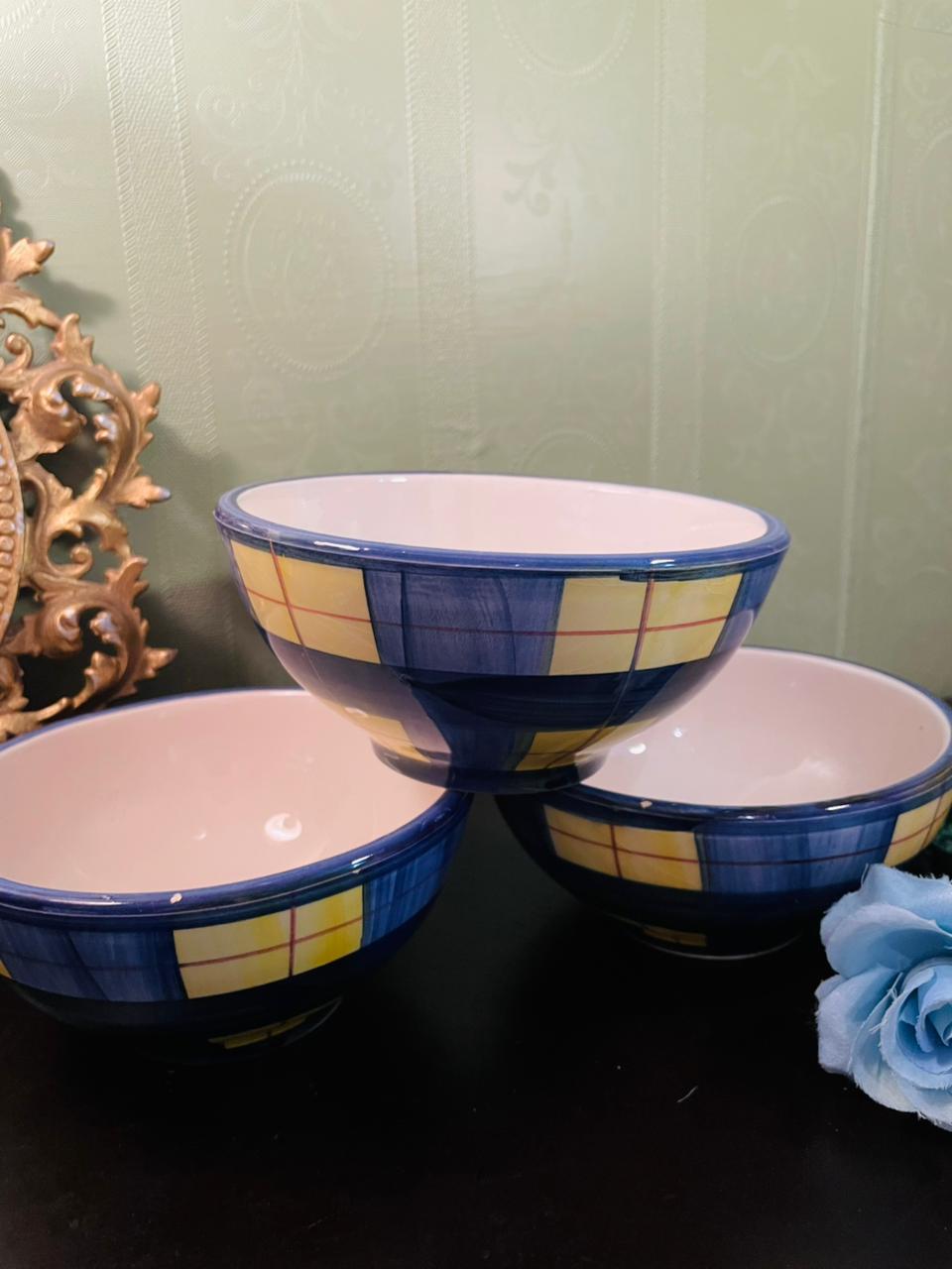 Set of 3 Blue Check Ceramic Bowl Set 6 Inch Round Bowls
