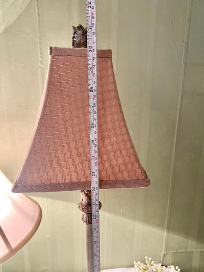 Vintage Ornate Silver Table Lamp with Pink Fabric Shade 76 cm