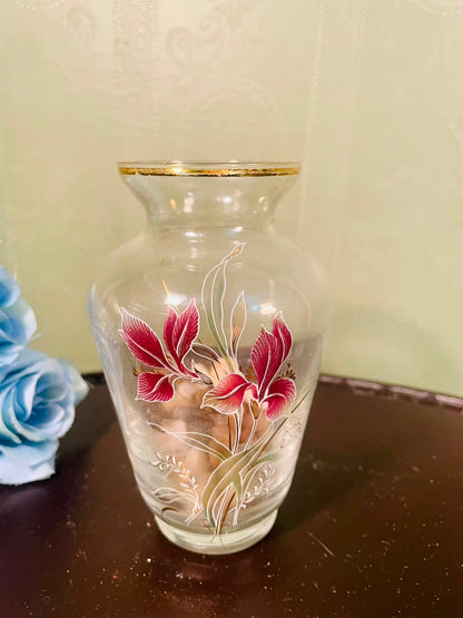 Vintage Floral Crystal Vase with Gold Rim – 5 Inch