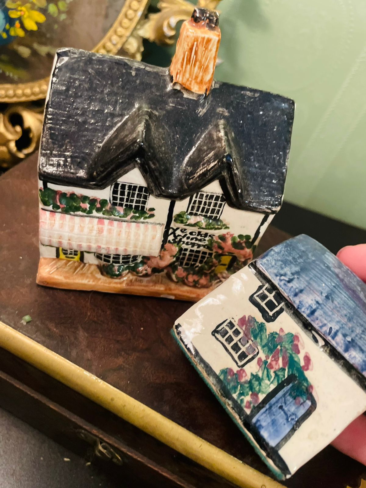 Vintage Miniature Cottage House Figurines Set of 2 Hand Painted Village Collectibles