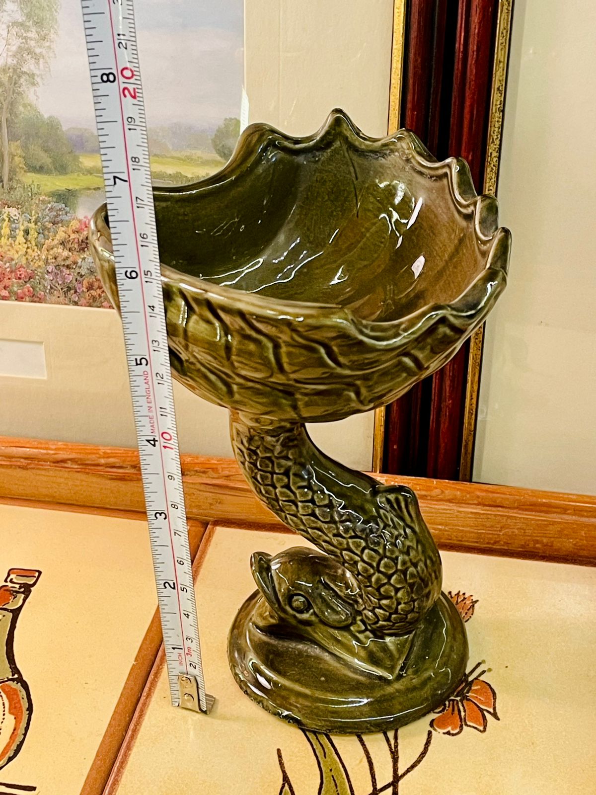 Vintage Dolphin Pedestal Dish – Green Glazed Ceramic Bowl