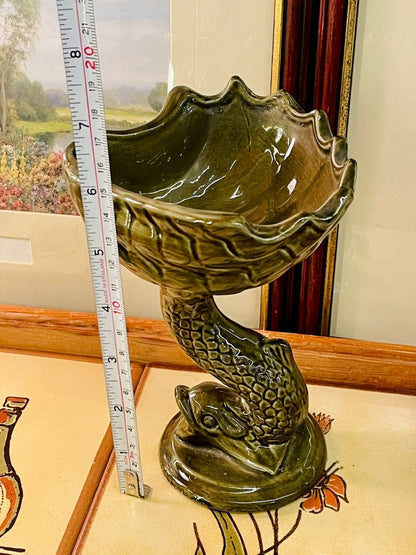 Vintage Dolphin Pedestal Dish – Green Glazed Ceramic Bowl