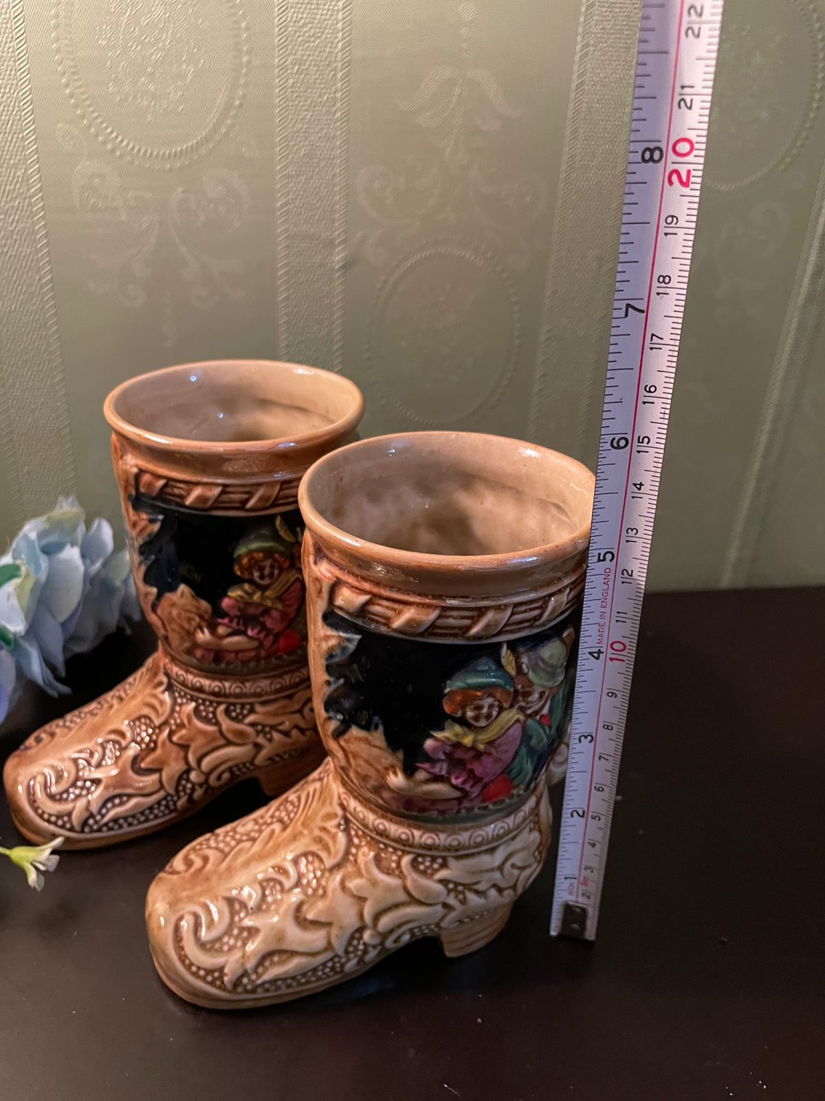 Vintage Ceramic Boot Vases Pair with Cottage Scene