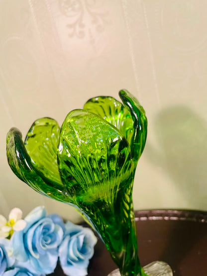 Vintage Green Crystal Lily Vase – 8 Inch Sculptural Floral Vase