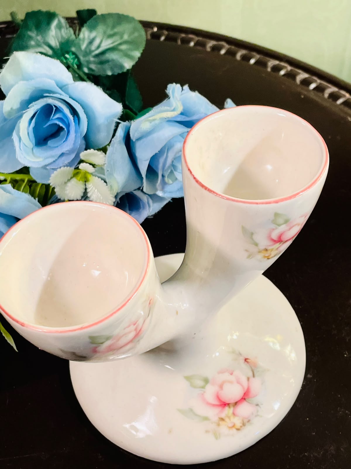 Vintage Floral Double Egg Cup Holder – Pink Rose Ceramic 10cm