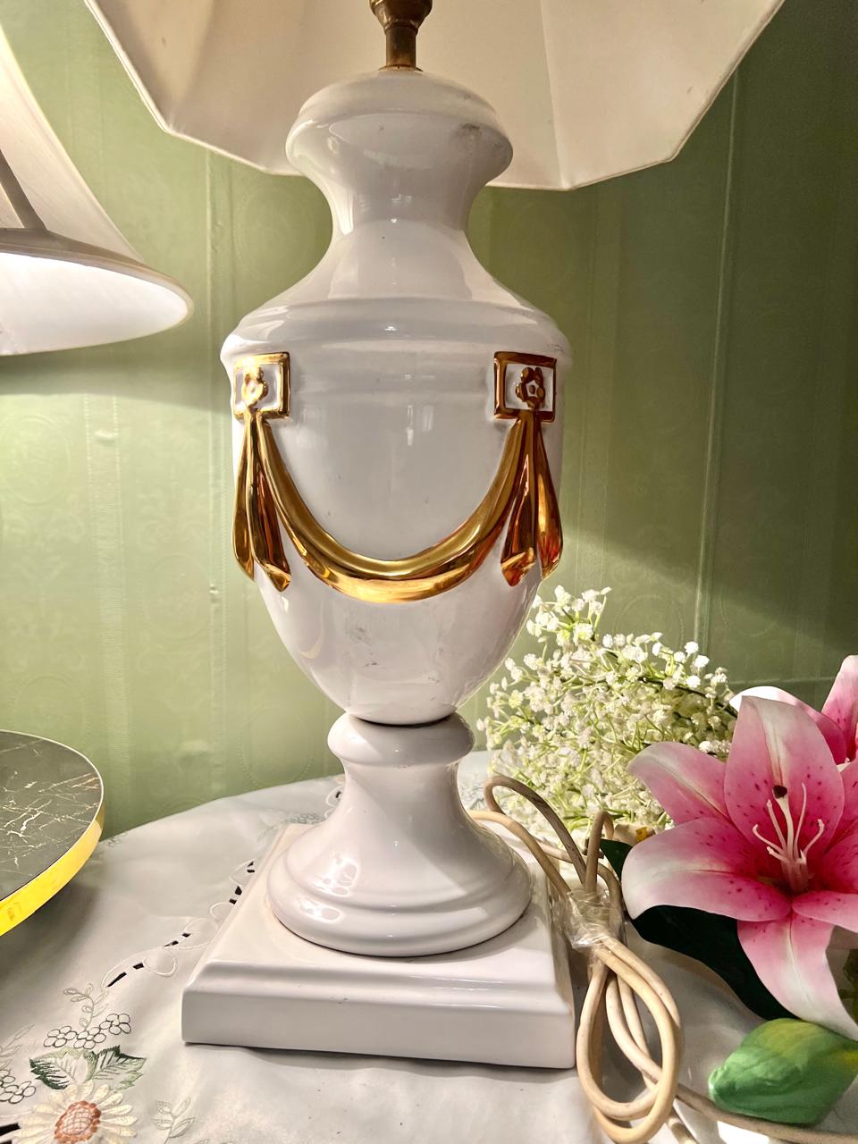 Vintage White & Gold Ceramic Table Lamp with Fabric Shade 70 cm