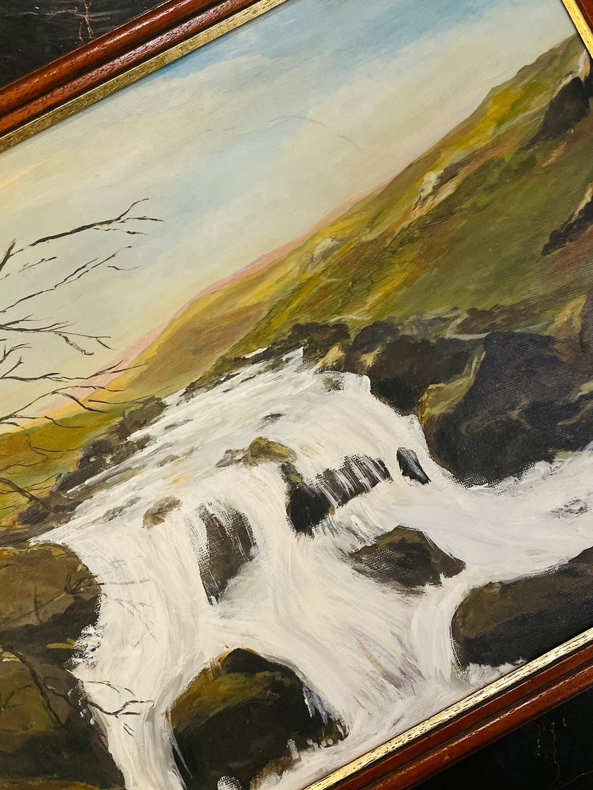 Framed Waterfall Landscape Painting on Canvas Panel 17 inch