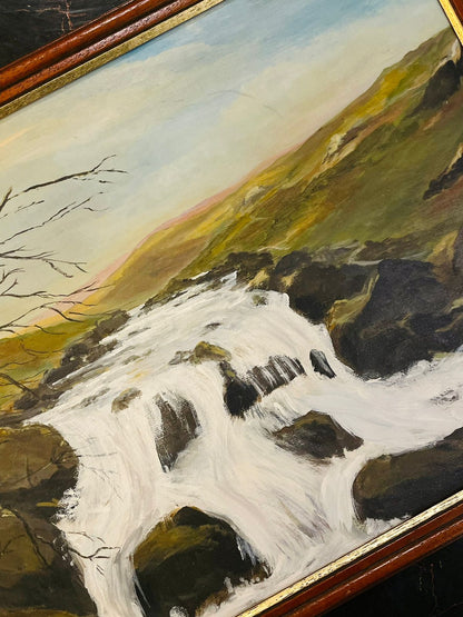 Framed Waterfall Landscape Painting on Canvas Panel 17 inch