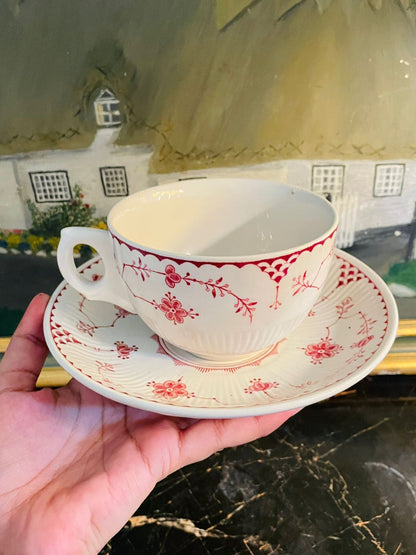 Vintage Ruby Red Grass Patterned Ceramic Tea Cup & Saucer
