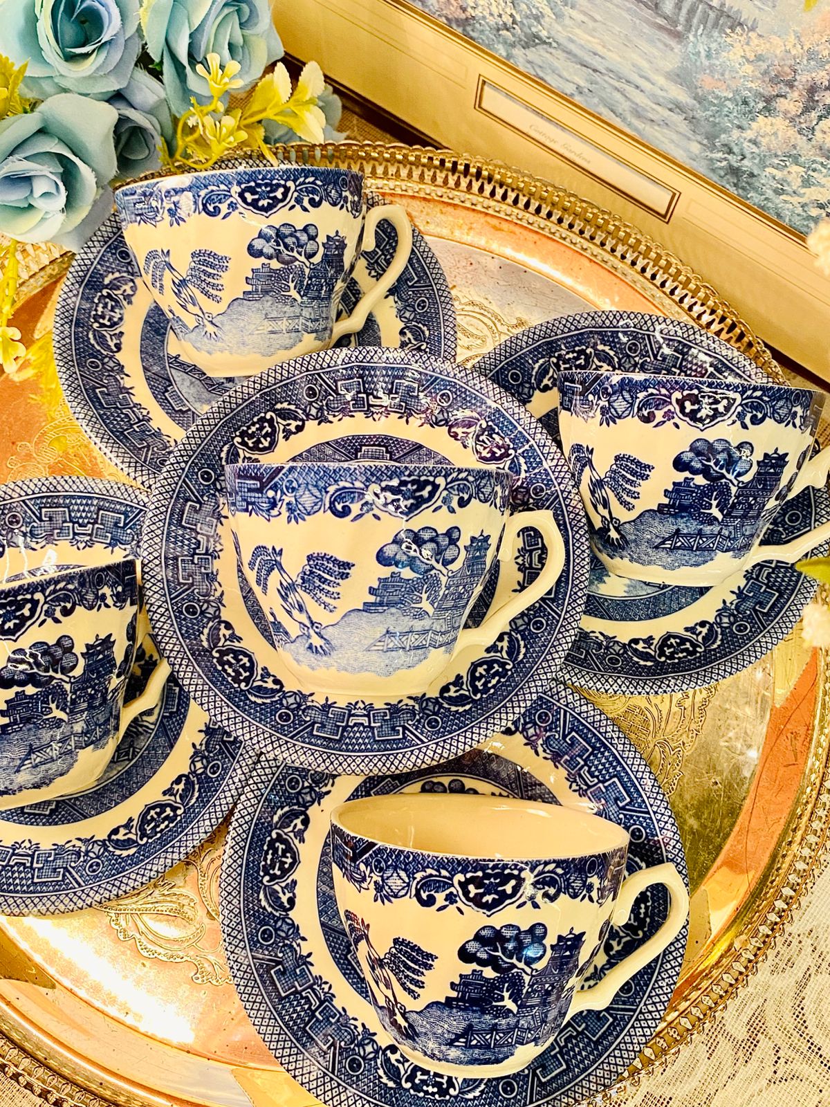 Vintage Blue & White Rayware Teacup & Saucer Set – Cottage Style
