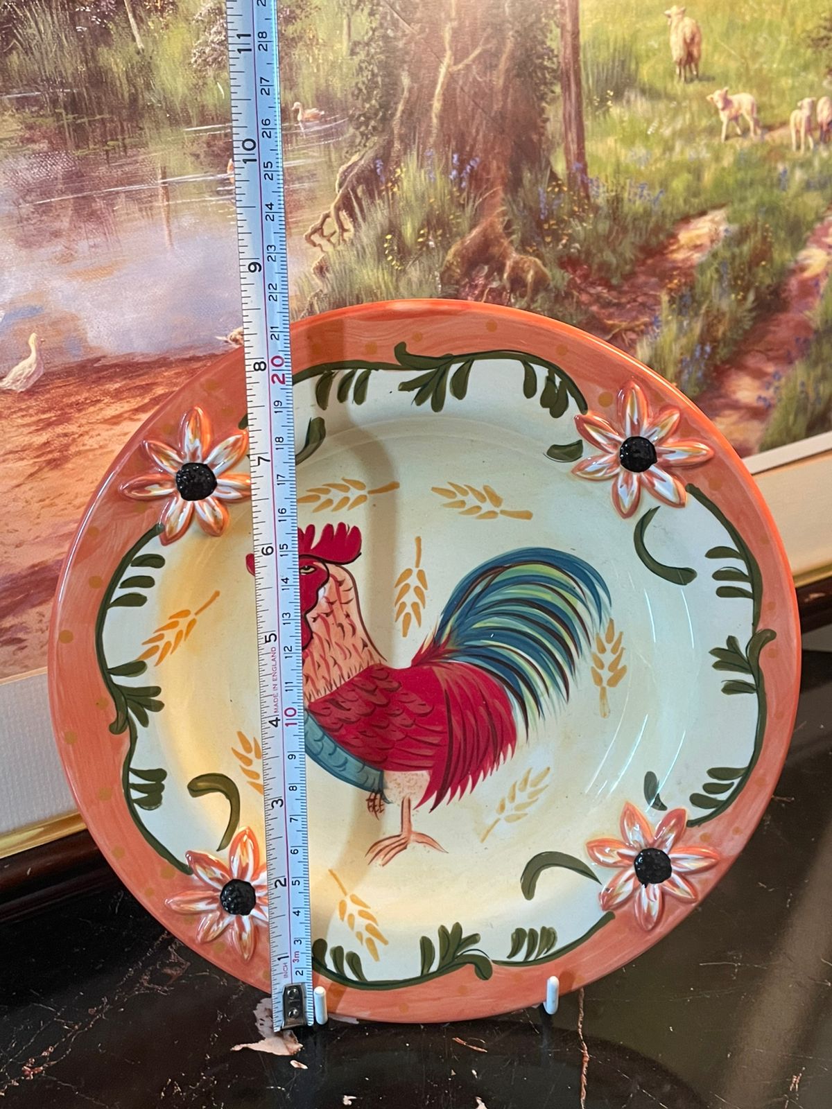 Hand-Painted Rooster Decorative Plate with Floral Border – Wall Hanging (Stand Included)