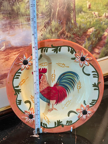 Hand-Painted Rooster Decorative Plate with Floral Border – Wall Hanging (Stand Included)