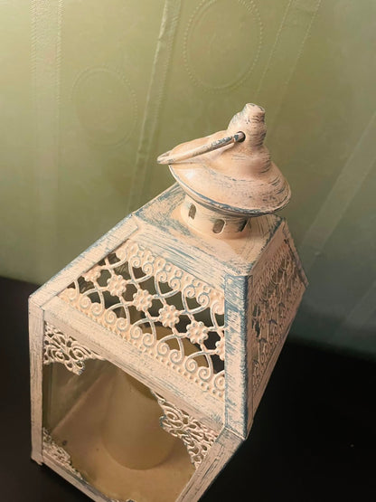 White Vintage-Style LED Lantern with Candle