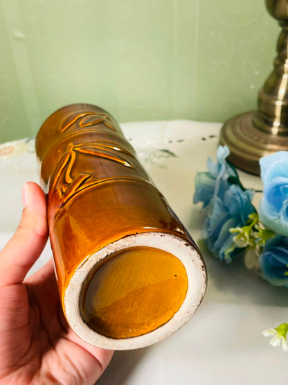 Vintage Brown Bamboo-Relief Ceramic Vase 18 cm