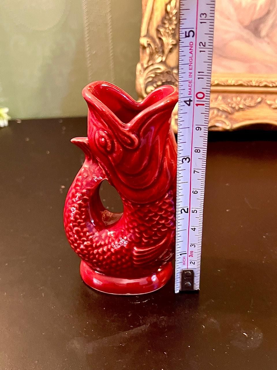 Vintage Red Ceramic Gluggle Fish Vase 5 Inch