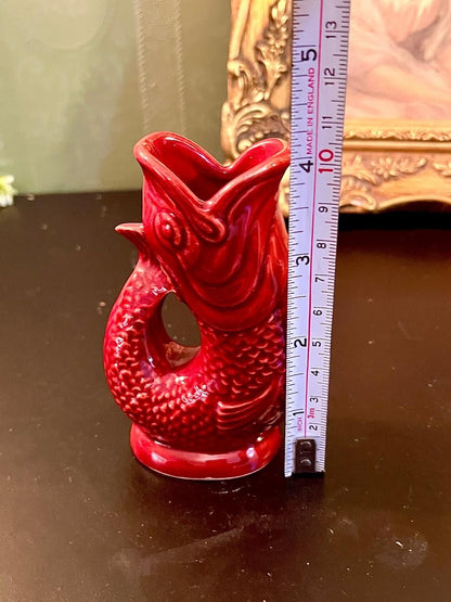 Vintage Red Ceramic Gluggle Fish Vase 5 Inch