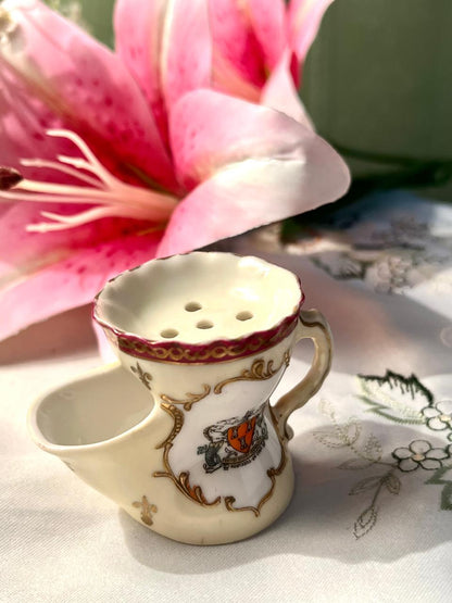 Vintage Miniature Porcelain Toothpick / Flower Holder with Floral & Gold Detail Approx. 6 cm