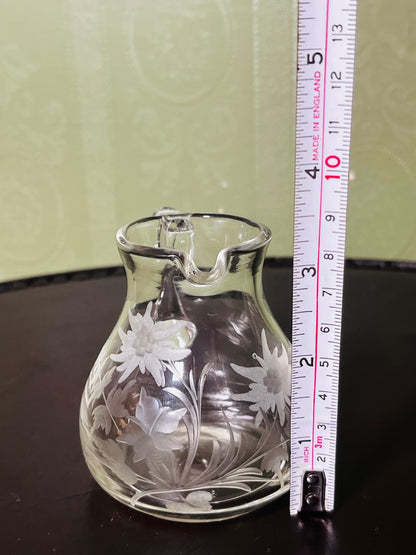 Vintage Etched Crystal Floral Water Jug 9cm