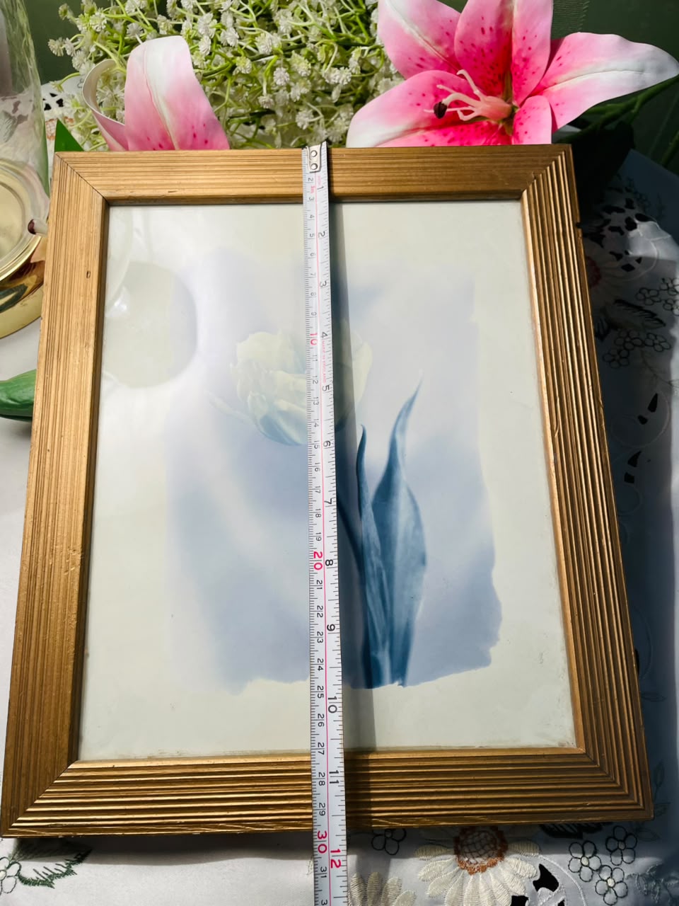 Blue Floral Framed Artwork Gold-Tone Frame Approx. 30 cm