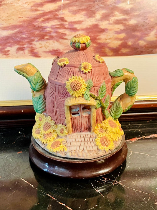 sunflower teapot decor, cottage figurine, resin collectible, cottagecore home decor, sunflower kitchen decoration, vintage teapot figurine, England cottage miniature, sunflower lovers gift, collectible resin teapot, whimsical cottage decor