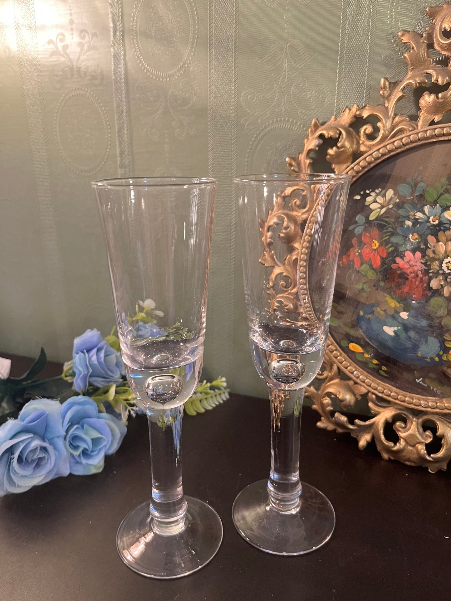 Set of 2 Tall Glass Candle Holders / Clear Stemmed Pillar Candle Stands