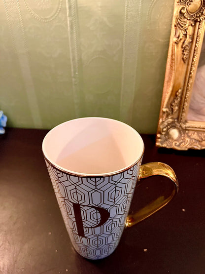 Personalized Letter P Gold Geometric Mug | Monogram Ceramic Coffee Mug