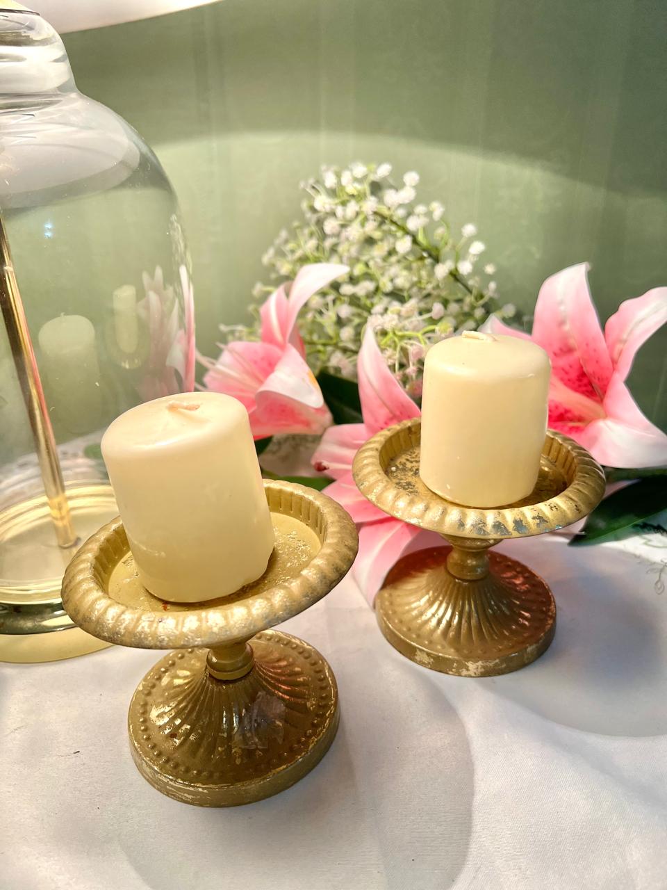 Brass Candlestick Holders with Cream Candles Set of 2