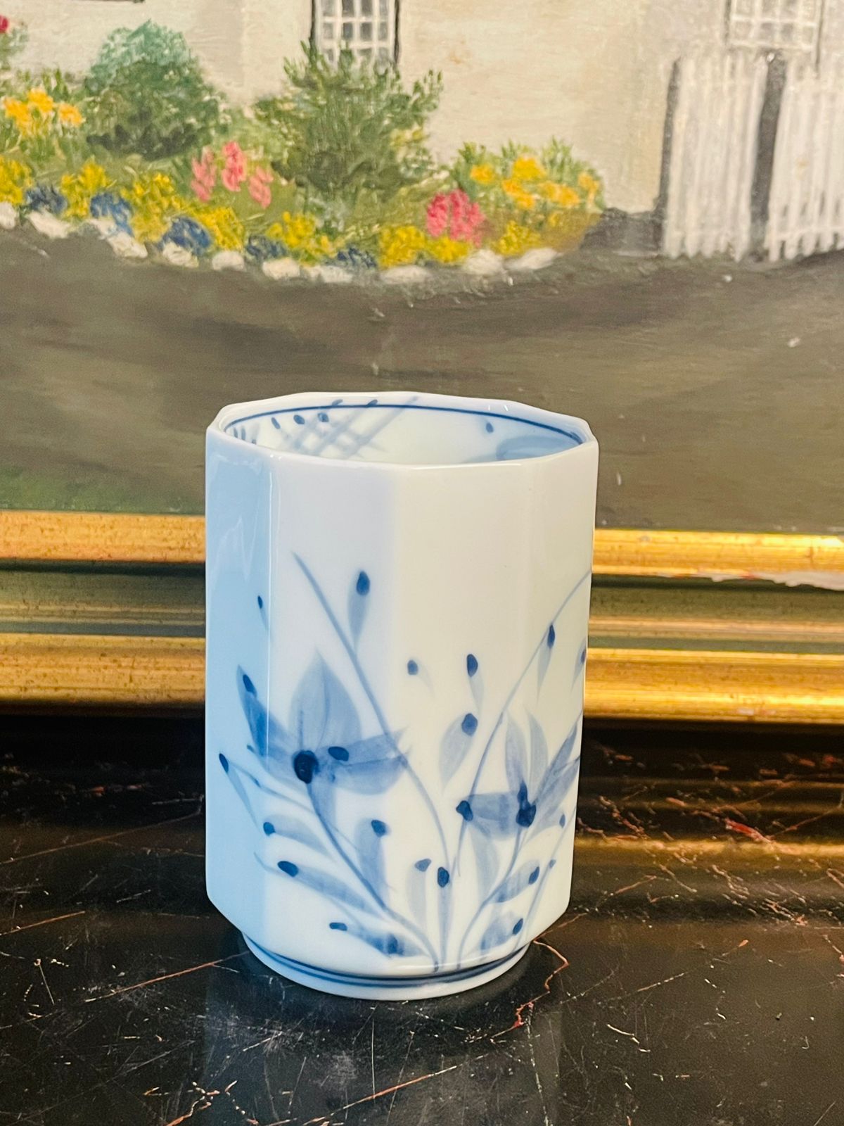 japanese porcelain cup, blue and white ceramic, hand painted japan, hexagonal tea cup, oriental decor, minimal pottery, asian ceramics pakistan, vintage japan cup, sake cup, matcha cup, japanese home decor, oriental blue pottery, sunsetkitchen, collectiblejapan, wabisabistyle, fineporcelain