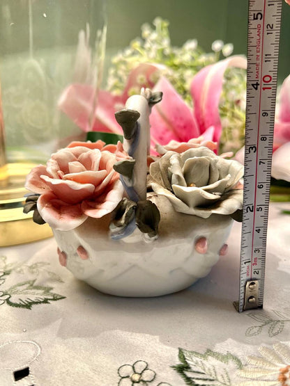 Floral Ceramic Basket with Sculpted Roses 4"