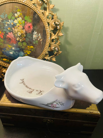 Vintage White Cow Ceramic Butter Dish 9 Inch