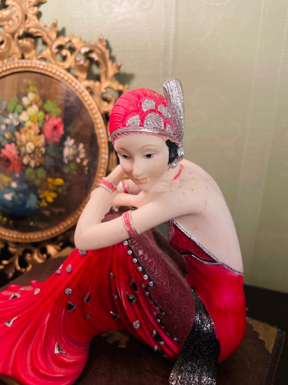 Art Deco Lady Figurine in Crimson Evening Gown Ornament