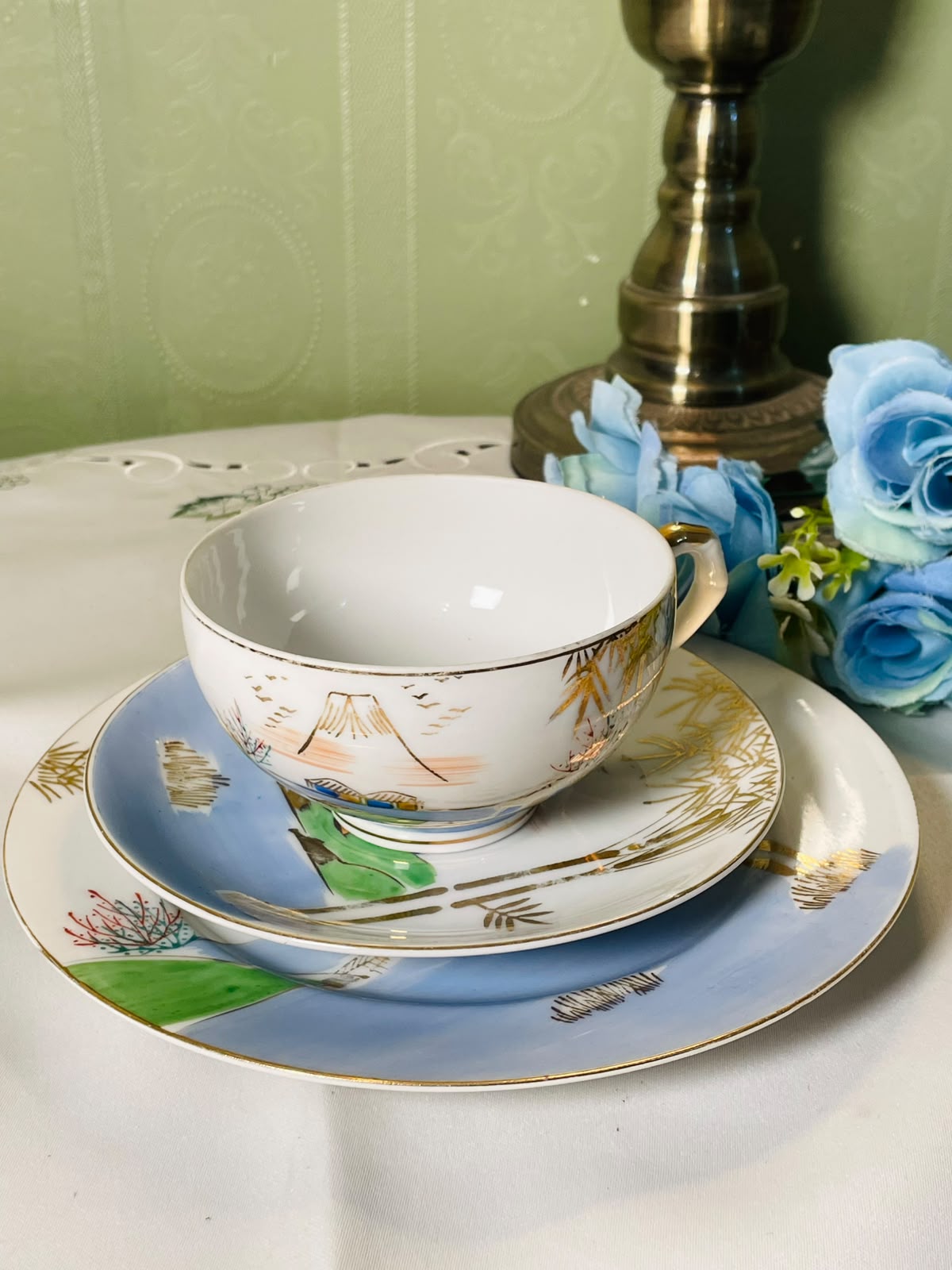 Vintage Japanese Landscape 3-Piece Cup Saucer Plate Set