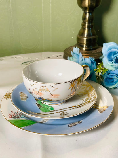 Vintage Japanese Landscape 3-Piece Cup Saucer Plate Set