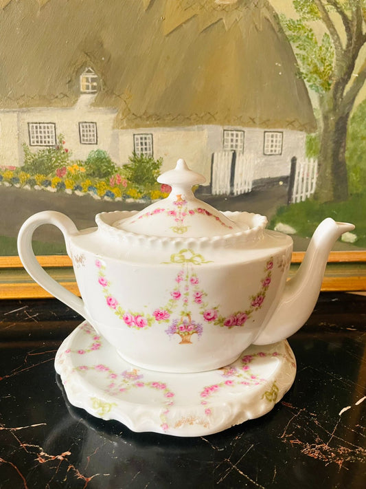 vintage floral teapot, pink rose porcelain teapot, english cottage tea set, victorian floral china, rose garland teapot, english porcelain plate, romantic cottagecore decor, antique tea pot england, european vintage tableware, sunset kitchen vintage collection, rare thrift finds