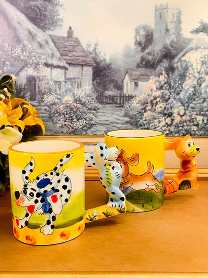 Vintage Hand-Painted Dog Handle Ceramic Mug Set