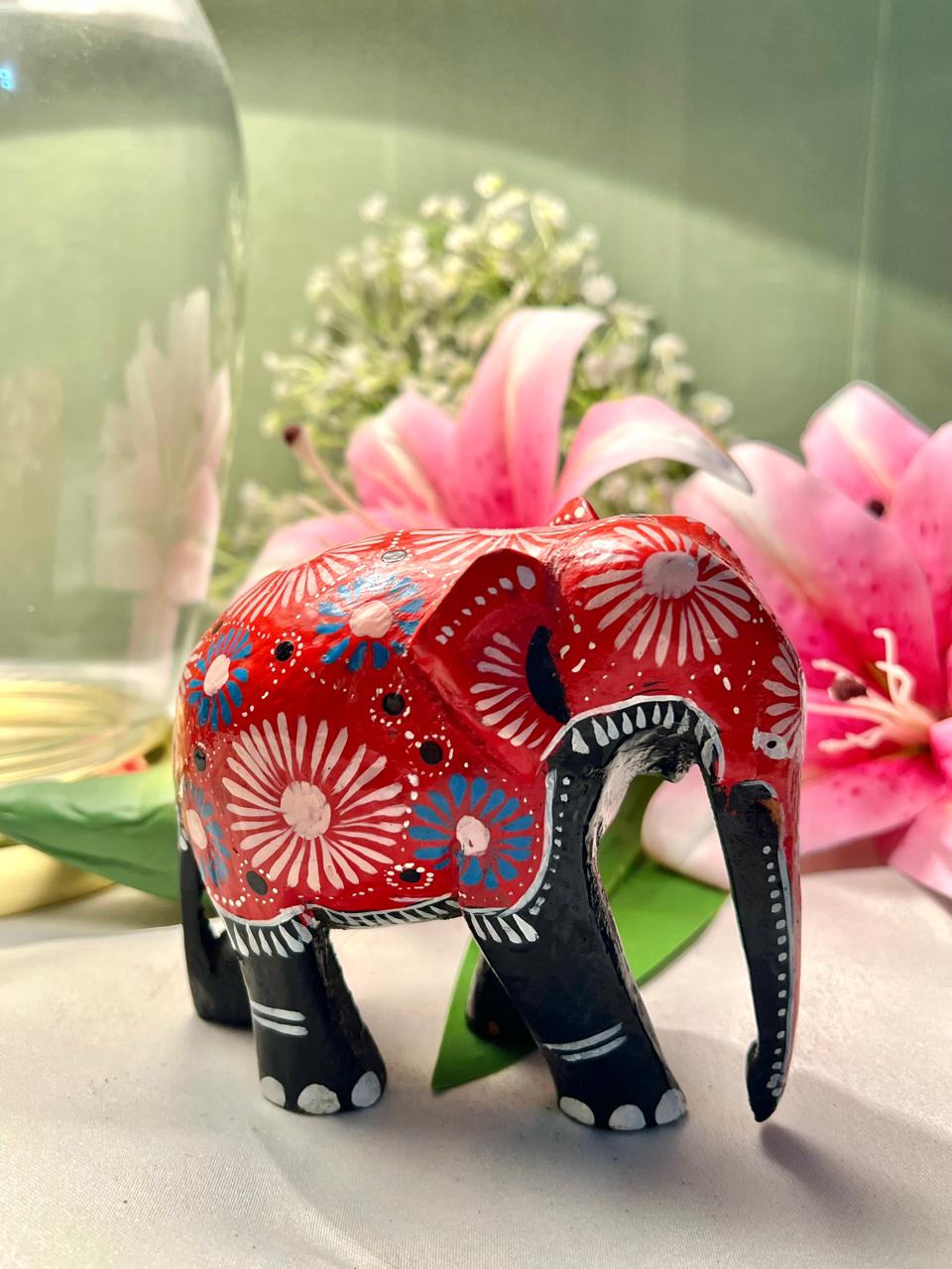 Hand-Painted Red Floral Elephant Figurine – Folk Art Decor 10 cm