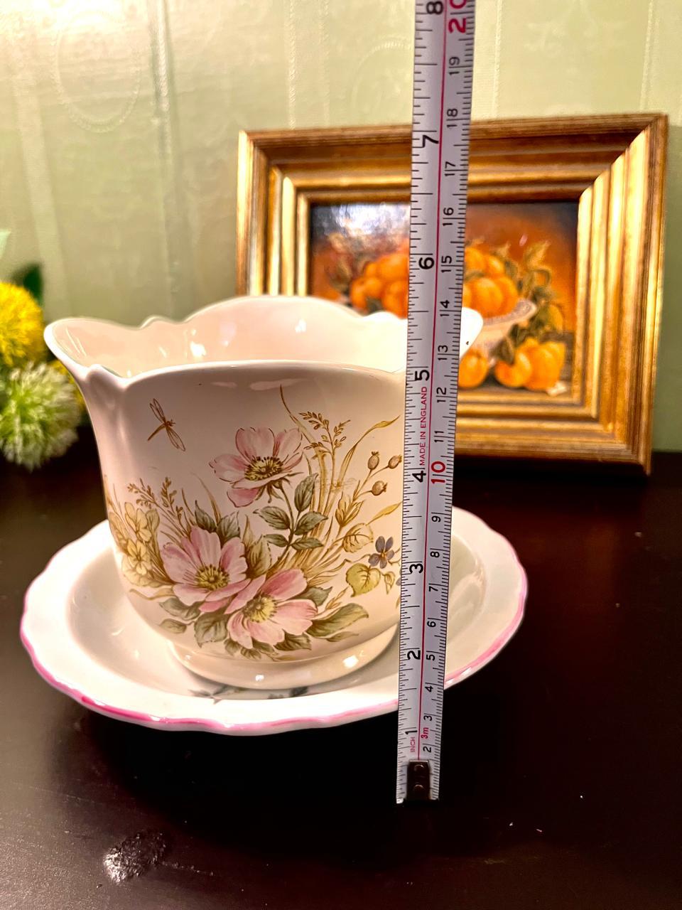 Vintage Floral Ceramic Cachepot Planter with Matching Saucer – 7 Inch