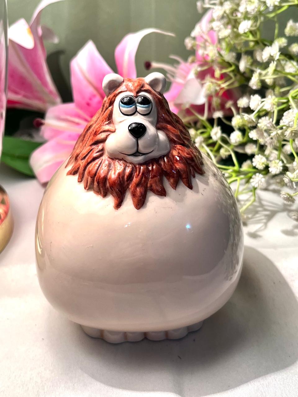 Ceramic Lion Coin Bank Brown & Cream 5 Inch