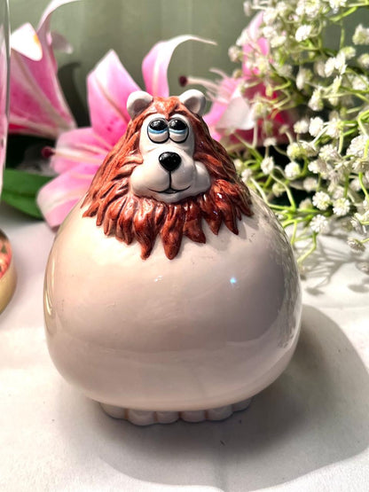 Ceramic Lion Coin Bank Brown & Cream 5 Inch