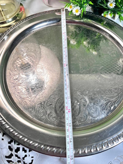 Silver-Tone Engraved Round Serving Tray – 38 cm